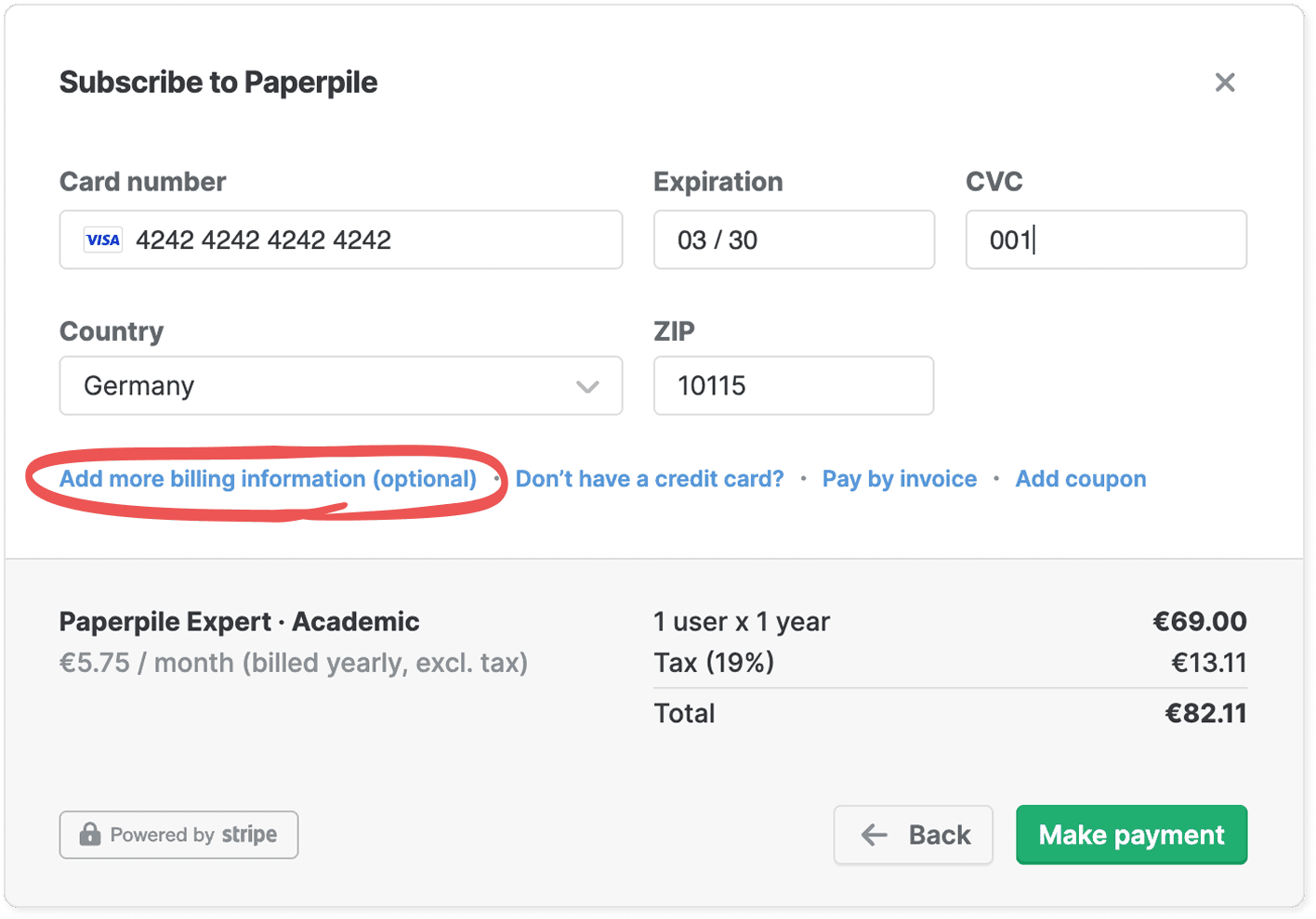 The same checkout with the “Add more billing information (optional)” link circled, beside “Don’t have a credit card?”, “Pay by invoice” and “Add coupon”.